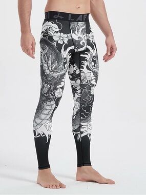 LAFROI Men’s Compression Leggings Dragon Print Black White Athletic Pants Size L